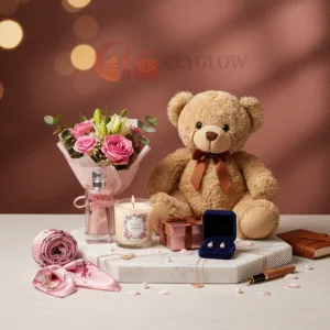 Gift items category - Ceyglow Sri Lanka, featuring a variety of gifts including a teddy bear, flower bouquet, and small accessories.
