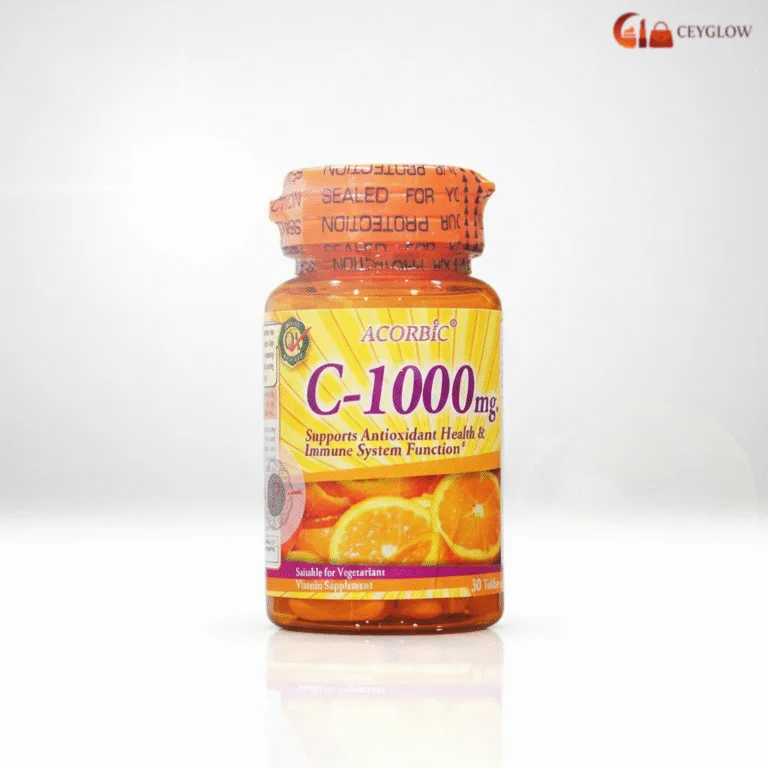 Acorbic Vitamin C 1000mg 30 Capsules for immune system function, antioxidant health, and collagen production, available at Ceyglow Sri Lanka.