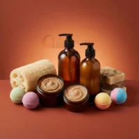 Assortment of bath and body care products including body scrubs, lotions, bath bombs, and soaps available at Ceyglow Sri Lanka.