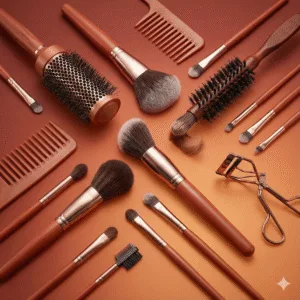 Collection of various makeup and hair brushes, combs, and an eyelash curler arranged on a warm background from Ceyglow Sri Lanka