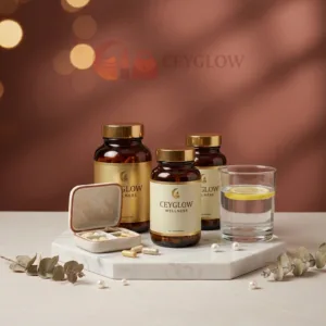 Ceyglow Wellness premium amber glass bottles containing original vitamins and supplements in Sri Lanka, arranged on a marble platform with a pill organizer and lemon water.
