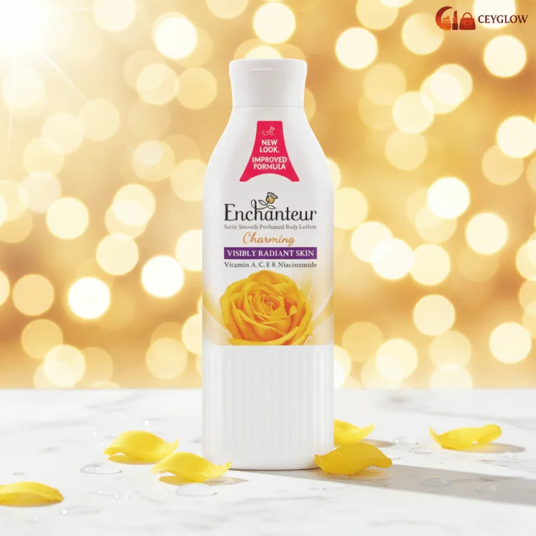 Enchanteur Charming Satin Smooth Perfumed Body Lotion 250ml with Vitamins A, C, E, and Niacinamide for radiant skin available at Ceyglow Sri Lanka.