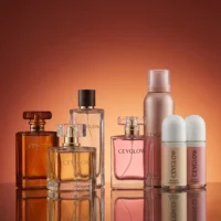 Collection of luxury perfumes, body mists, and deodorants arranged on a warm background for Ceyglow Sri Lanka.