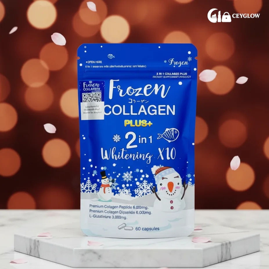 frozen-collagen-2-in-1-whitening-x10-60-capsules-gluta-fish-ceyglow-sri-lanka Frozen Collagen Plus 2 in 1 Whitening X10 60 Capsules with L-Glutathione and Fish Collagen for skin brightening and anti-aging available at Ceyglow Sri Lanka.