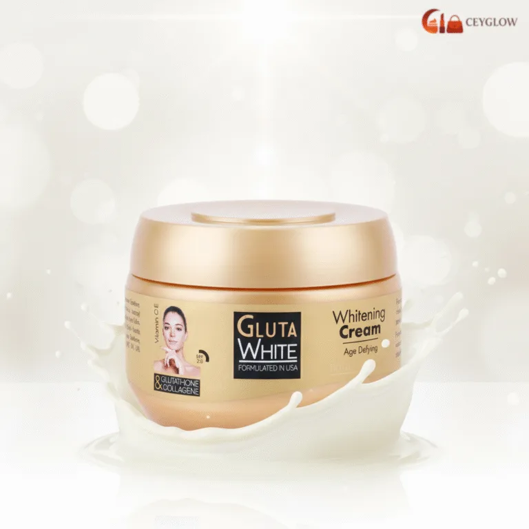 Gluta White Age-Defying Whitening Cream with Glutathione, Collagen, and Vitamin E to treat melasma, acne, and reduce wrinkles, available at Ceyglow Sri Lanka.