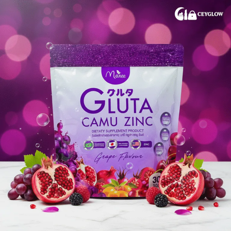 Manee Gluta Camu Zinc Dietary Supplement 30 sachets in Grape Flavour with Glutathione, Camu-Camu, and Zinc available at Ceyglow Sri Lanka.