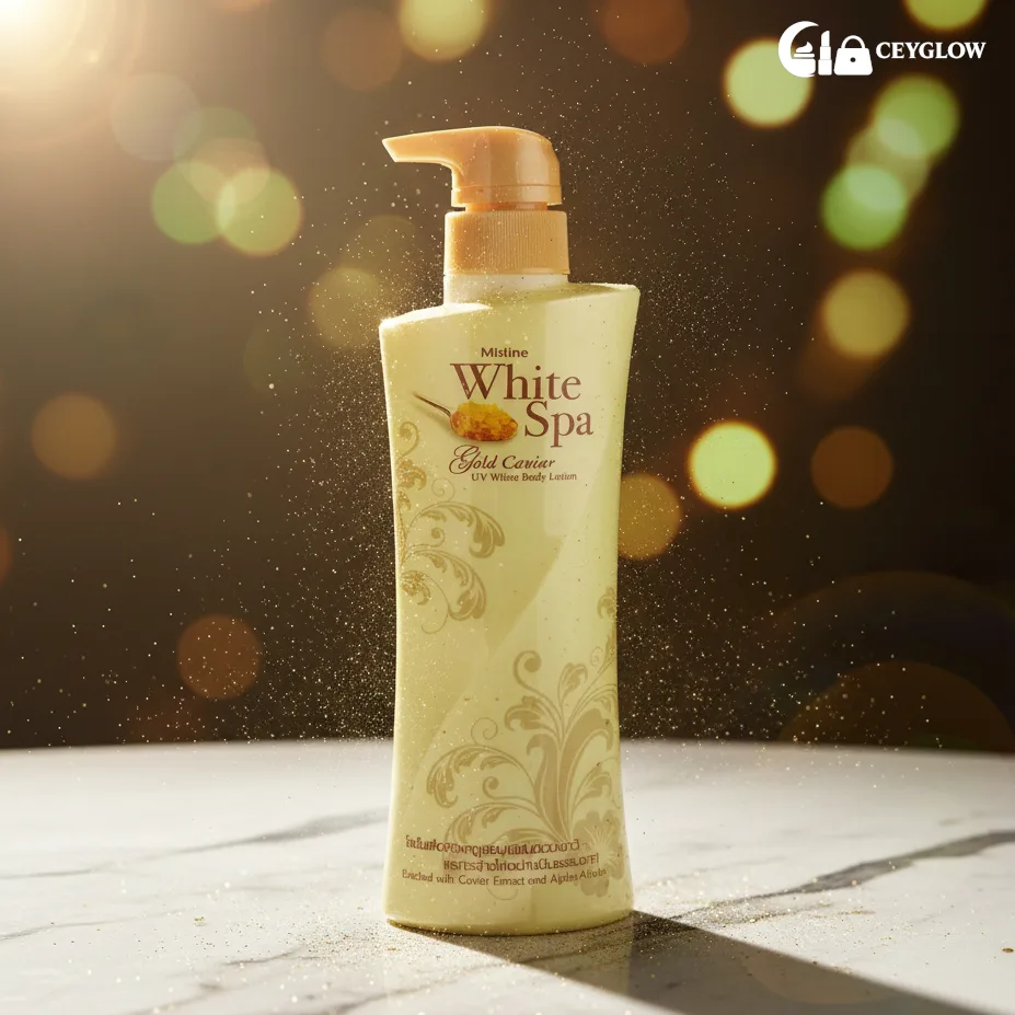 mistine-white-spa-gold-caviar-uv-lotion-400ml-antioxidant-ceyglow-sri-lanka Mistine White Spa Gold Caviar UV White Body Lotion 400ml with Gold and Caviar extracts for revitalization and whitening available at Ceyglow Sri Lanka.