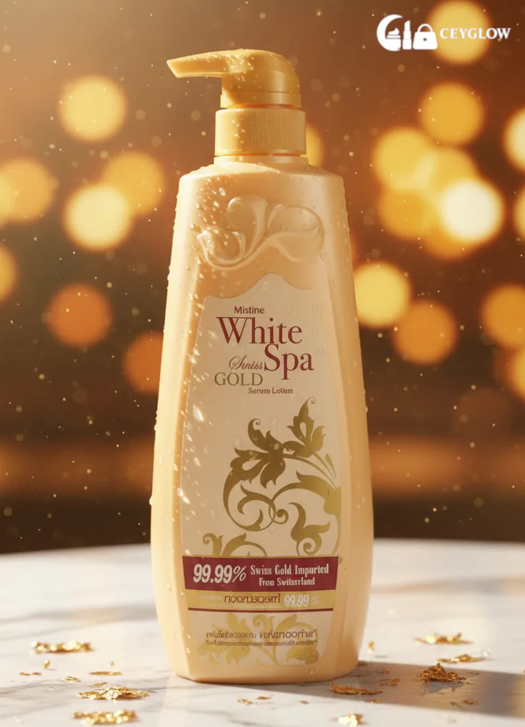Mistine White Spa Swiss Gold Serum Body Lotion 200ml with 99.99% pure Swiss Gold and Caviar extract for intense glow and anti-aging available at Ceyglow Sri Lanka.