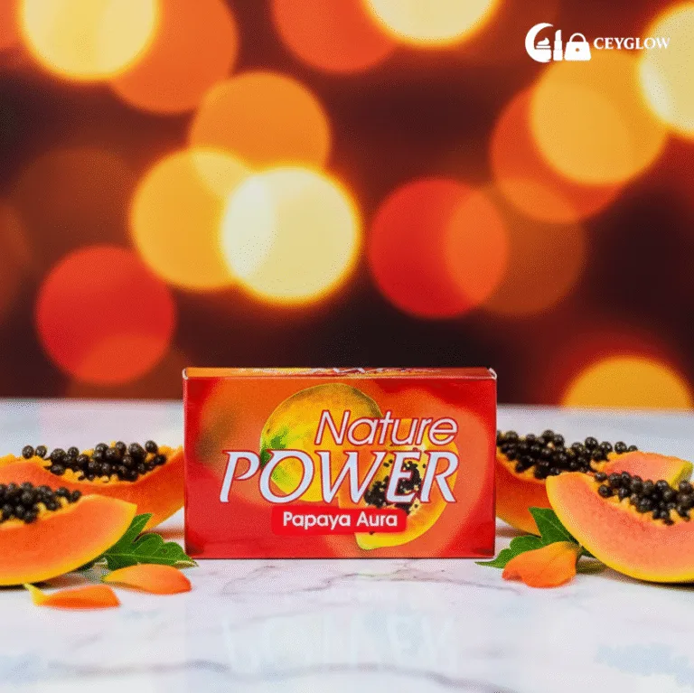 Nature Power Papaya Aura Beauty Soap with Papaya Extract and Vitamin E for exfoliation and brightening available at Ceyglow Sri Lanka.