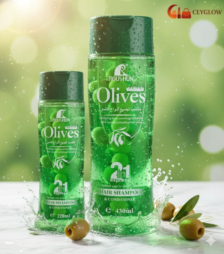 Roushun Olives 2-in-1 Shampoo and Conditioner 220ml/430ml with Olive Oil and Vegetable Protein for volume and damage protection available at Ceyglow Sri Lanka.