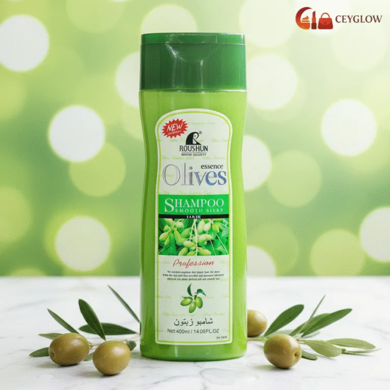 Roushun Olives Essence Shampoo 400ml with Olive Oil and Vitamin B5 for smooth, silky hair and dandruff control available at Ceyglow Sri Lanka.