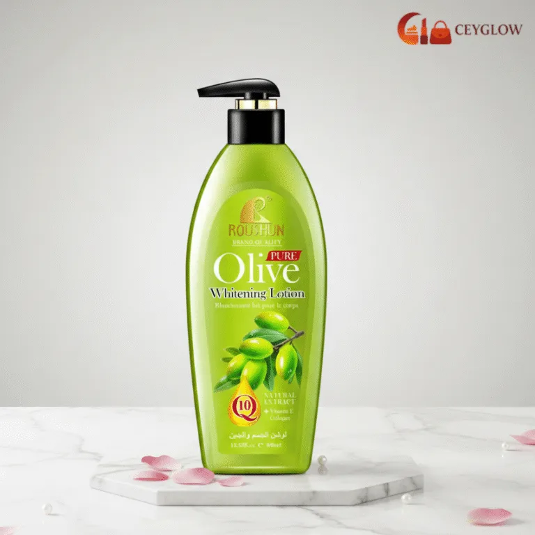 Roushun Pure Olive Whitening Lotion 400ml with Olive Extract, Q10, and Collagen for skin brightening available at Ceyglow Sri Lanka.
