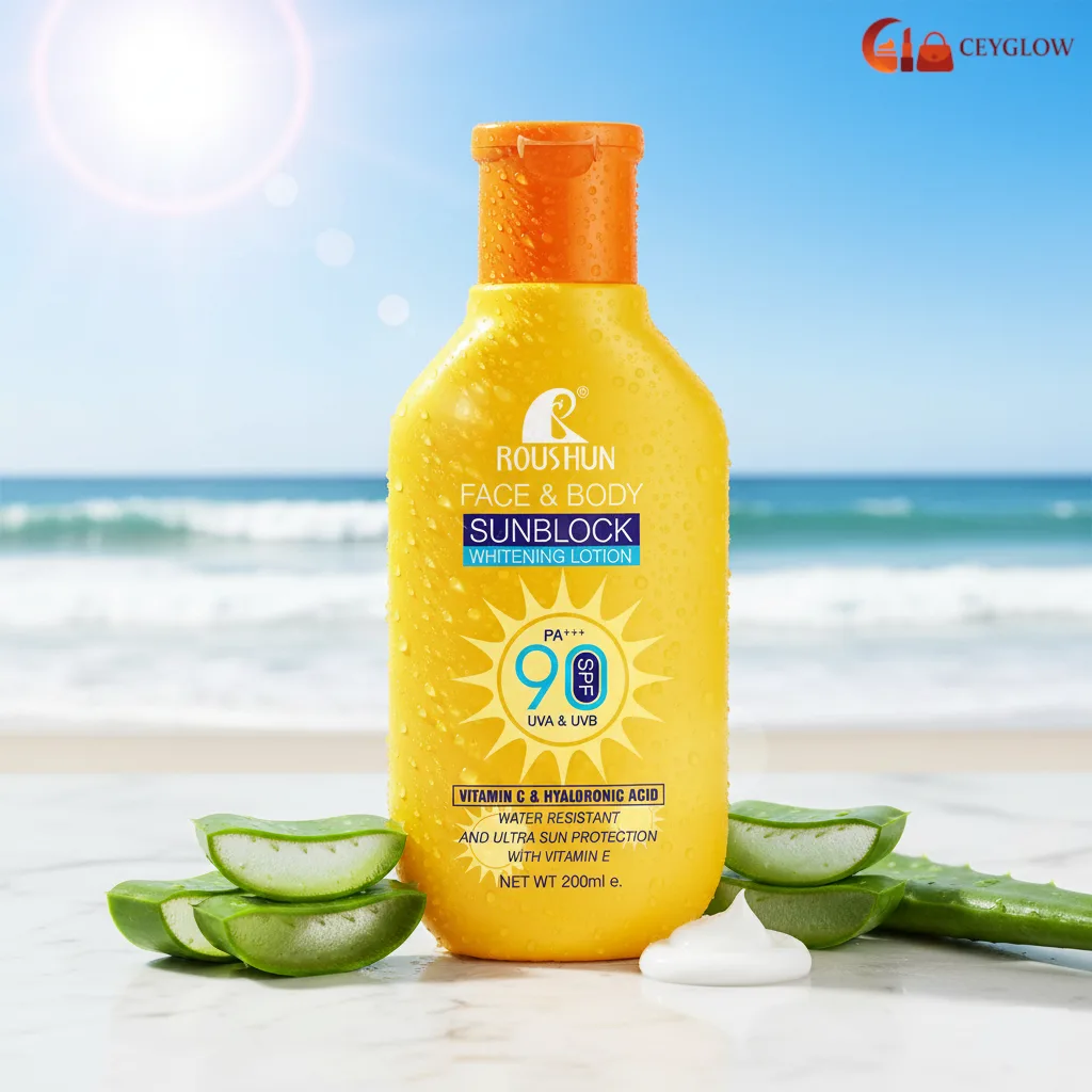 roushun-sunblock-spf-90-whitening-lotion-200ml-ceyglow-sri-lanka Roushun Face and Body Sunblock Whitening Lotion SPF 90 with Vitamin C available at Ceyglow Sri Lanka.