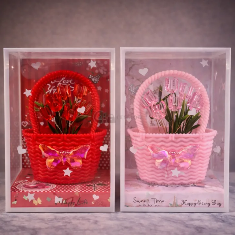 LED flower basket gift with glowing tulip lights in red color