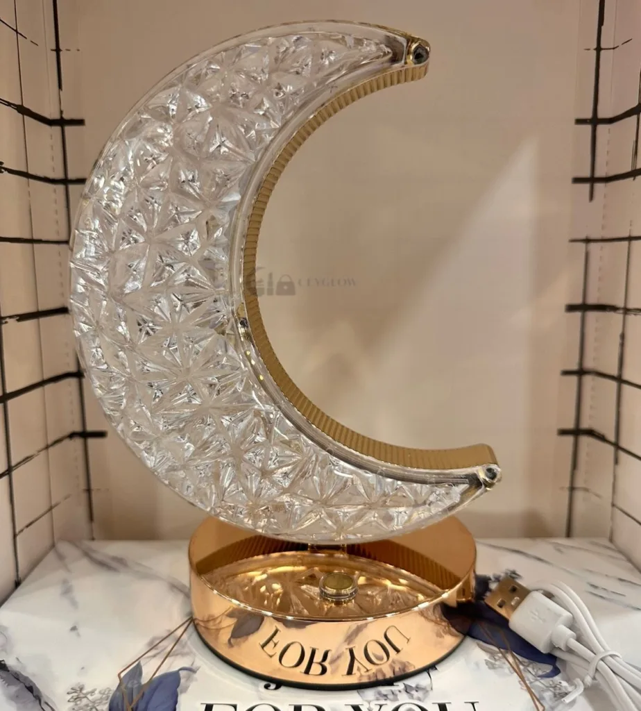Crystal moon shaped LED table lamp with gold base