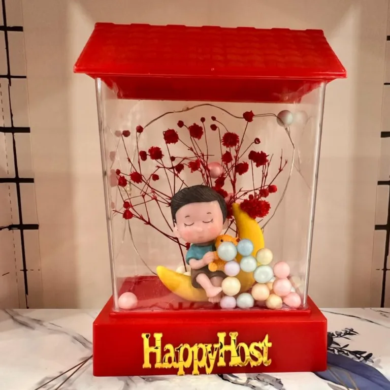 Cute Valentine's Day Gift LED lantern with boy sitting on moon and red flowers.