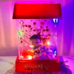 Cute Valentine's Day Gift LED lantern with boy sitting on moon and red flowers.