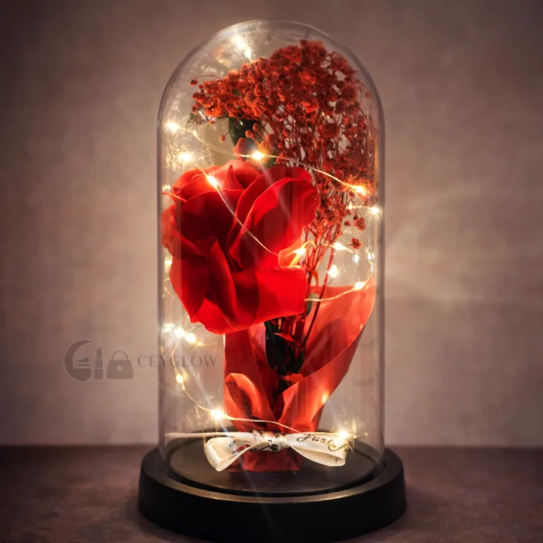Red artificial rose inside glass dome with LED Rose Dome Valentine Gift