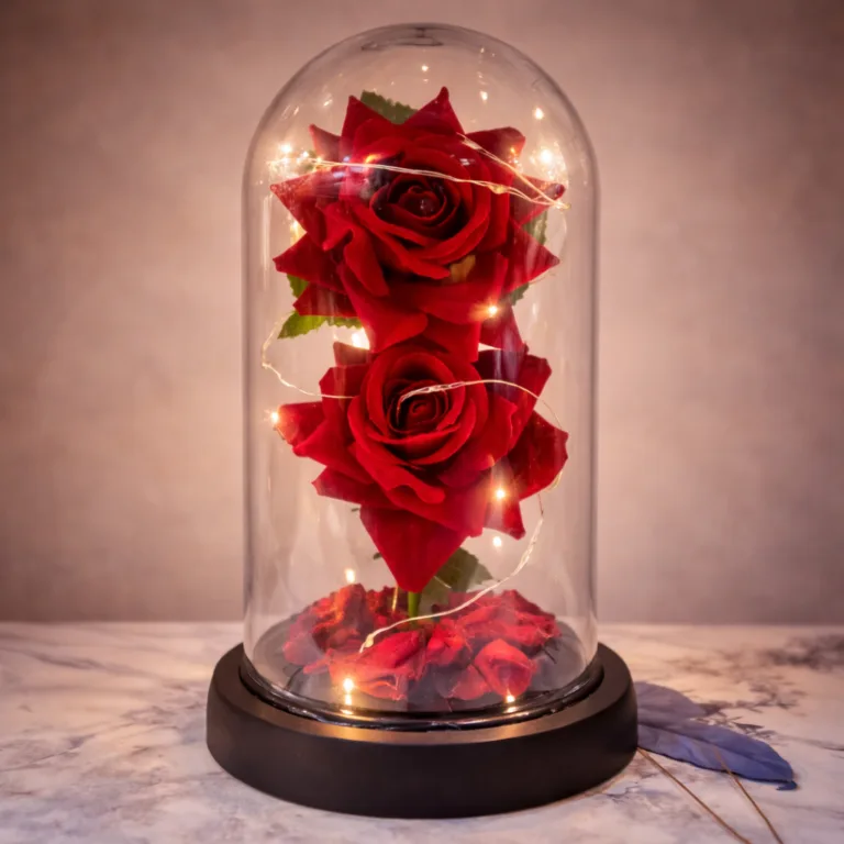 Red artificial roses inside glass dome with warm LED lights
