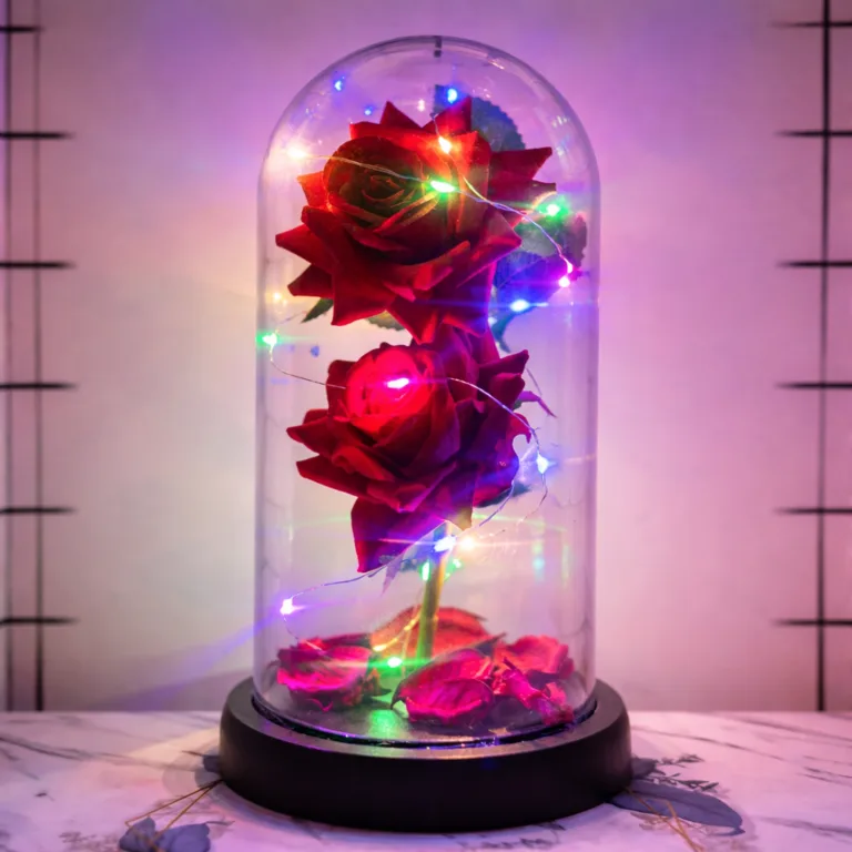 Red artificial roses inside glass dome with LED lights - LED Rose Dome Valentine Gift