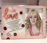 love glass photo frame with romantic quote and pink heart design