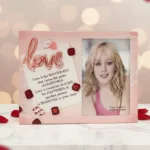 love glass photo frame with romantic quote and pink heart design