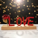 LOVE tabletop decoration with wooden base and decorative rose