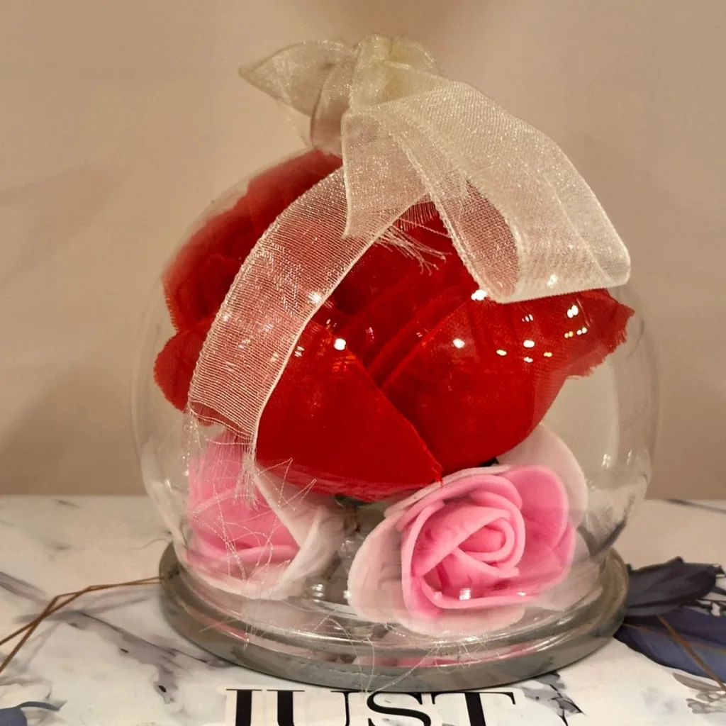 Mini Rose Glass Dome Gift with artificial red and pink roses