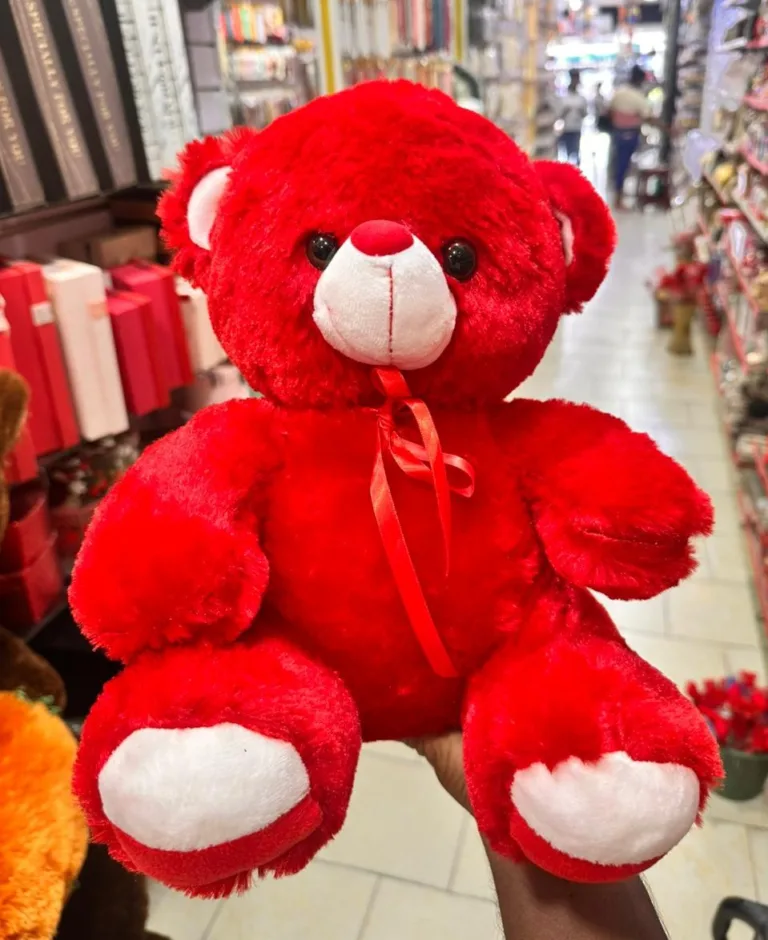 Red soft teddy bear with ribbon romantic gift