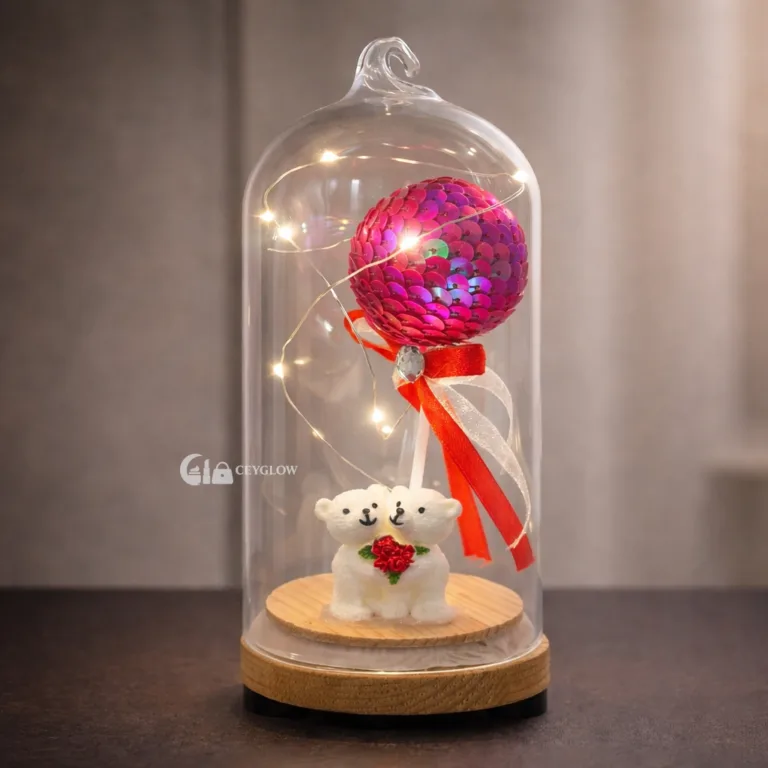 Romantic Valentine's Day Gift LED glass dome with hugging bears and pink sequin balloon.