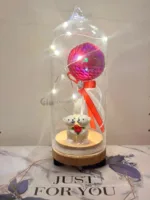 Romantic Valentine's Day Gift LED glass dome with hugging bears and pink sequin balloon.