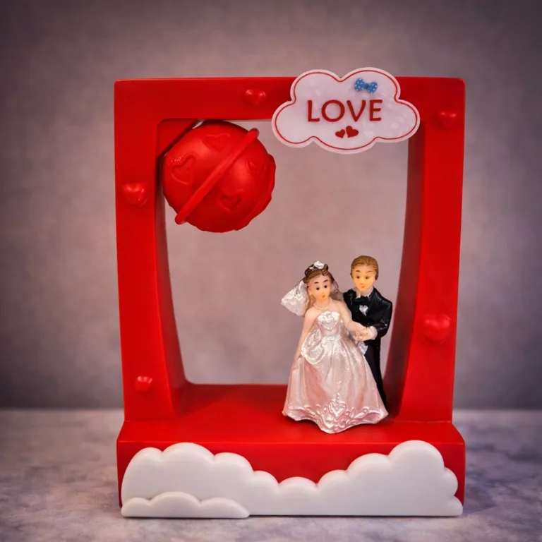 Romantic bride and groom couple figurine with red love frame decor