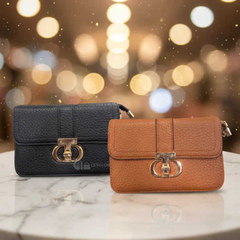 Women's crossbody side bag in pebbled leather texture with gold clasp, available in black and brown.