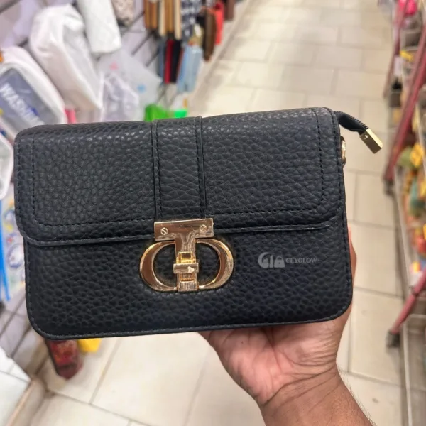 Women's crossbody side bag in pebbled leather texture with gold clasp, available in black.